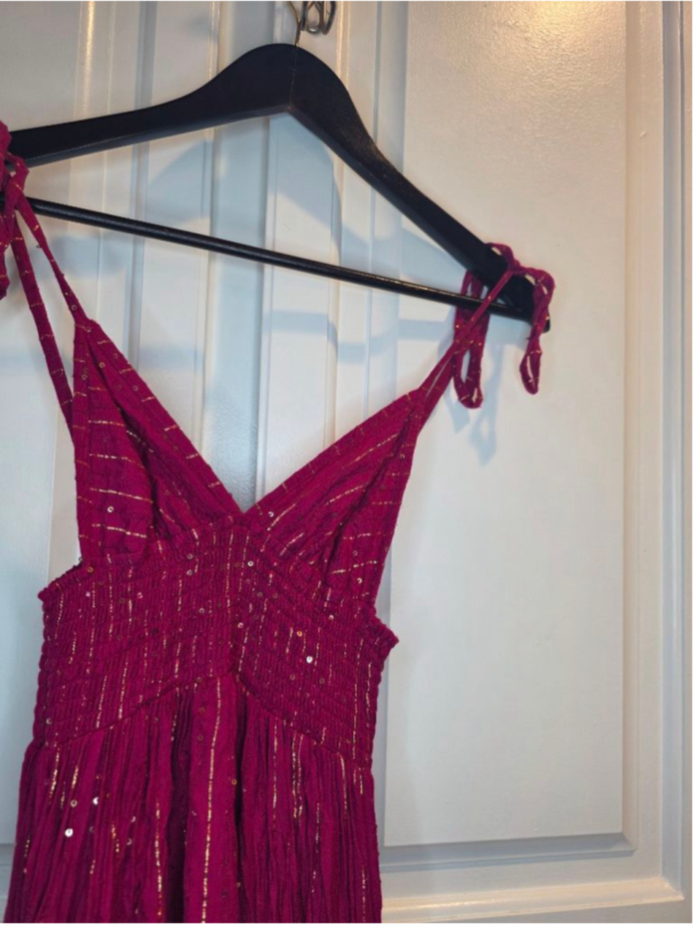 Sundress XS Red Gold Sequin Tie Strap Boho Resort Maxi Dress - Picture 5 of 11